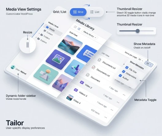 Grid and list toggle, thumbnail sizes, and sidebar width controls
