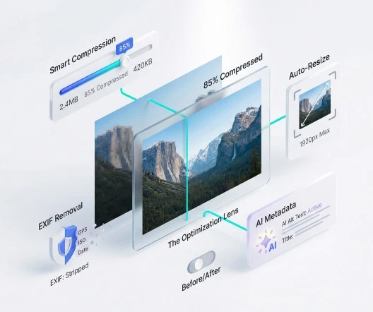 Compression settings, resize on upload, and EXIF stripping