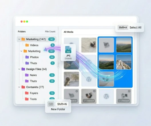 Folder sidebar with color-coded folders, drag-and-drop, and file counts