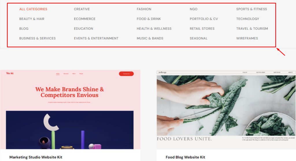 Elementor template categories