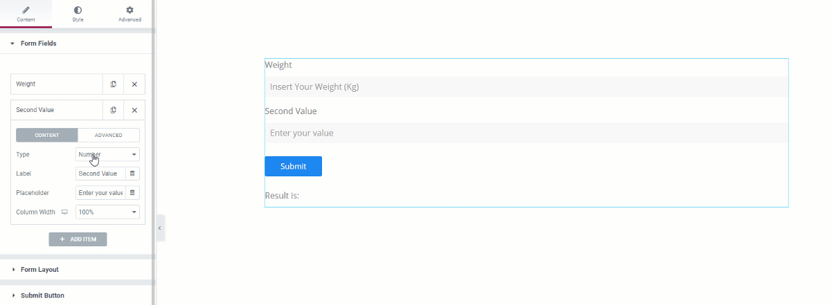 BMI calculator in elementor