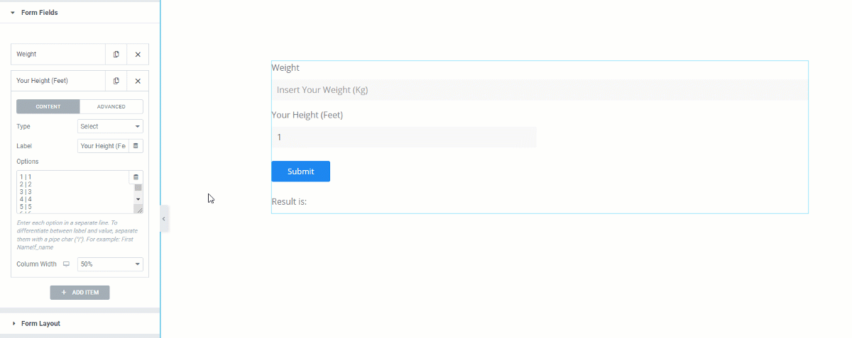 BMI calculator in elementor