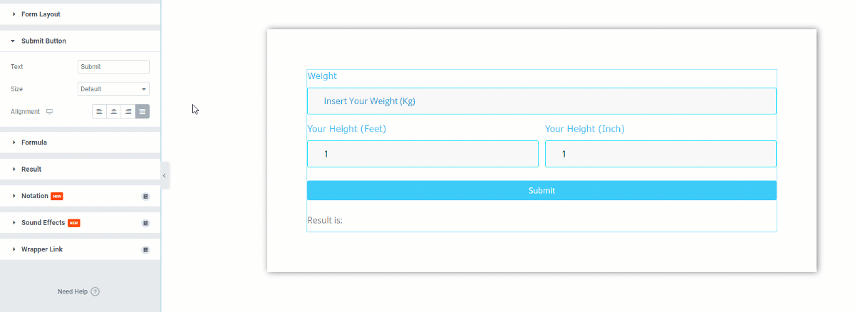 BMI calculator in elementor