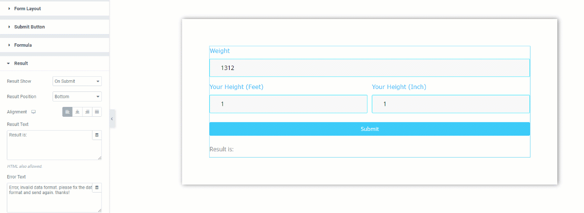 BMI calculator in elementor