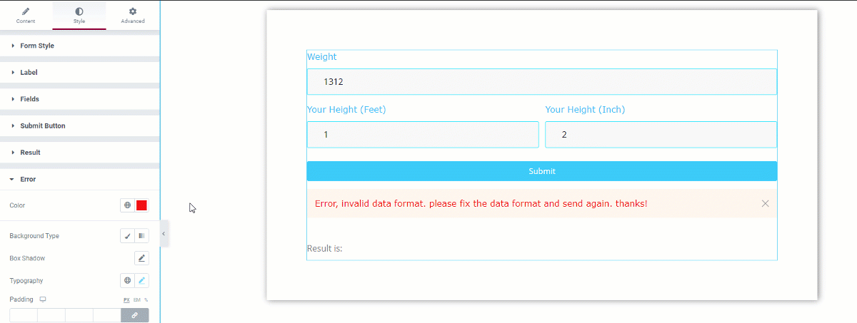 BMI calculator in elementor