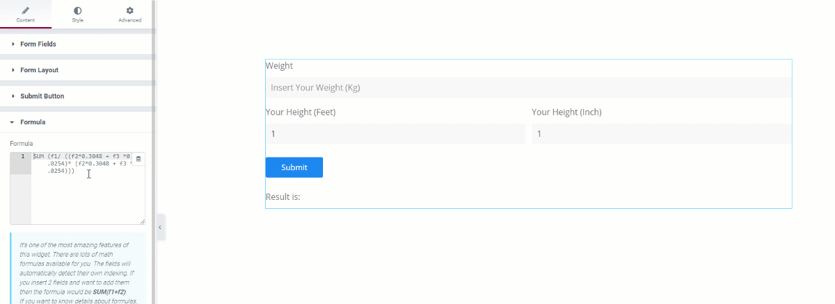 BMI calculator in elementor