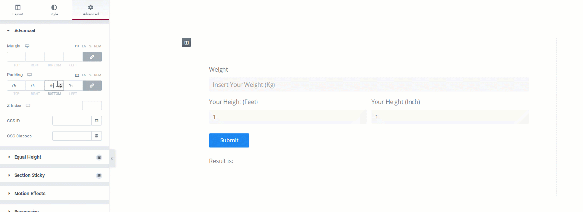 BMI calculator in elementor