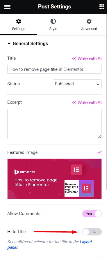 toggle the hide title button in Elementor page setting to hide title - BdThemes