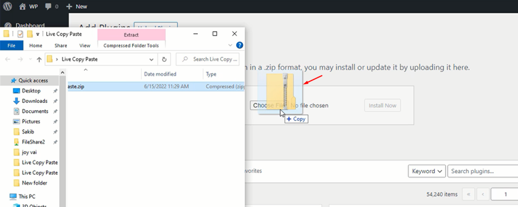 dragging and dropping the plugin zip file in the plugin upload window