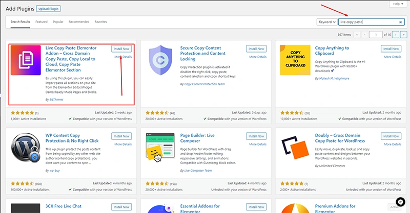 search and install Live copy paste - BdThemes