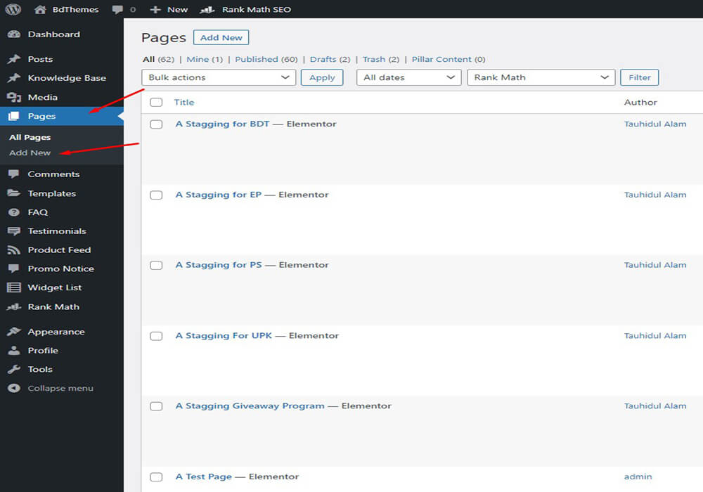 click pages>add new