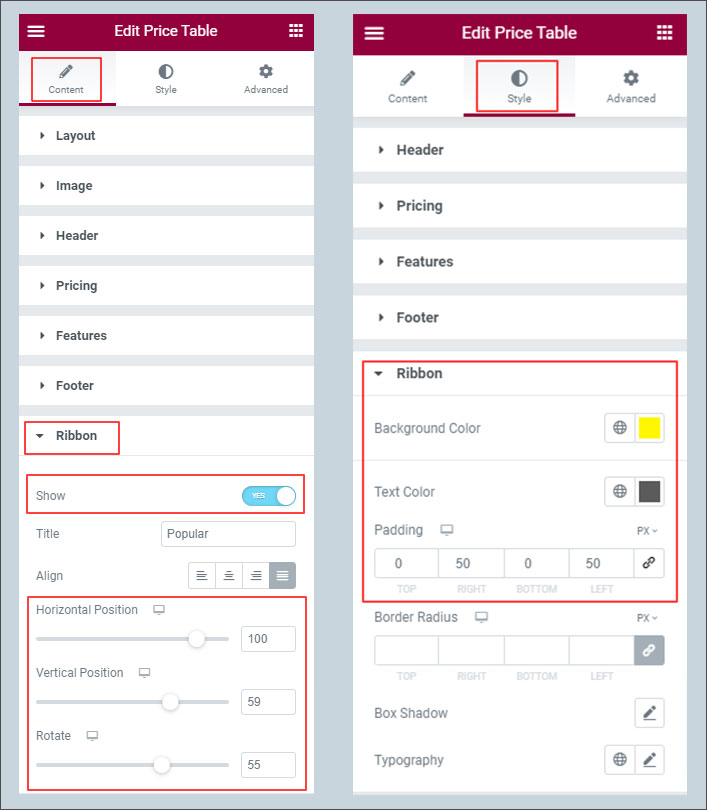 Set Ribbon on pricing table - BdThemes