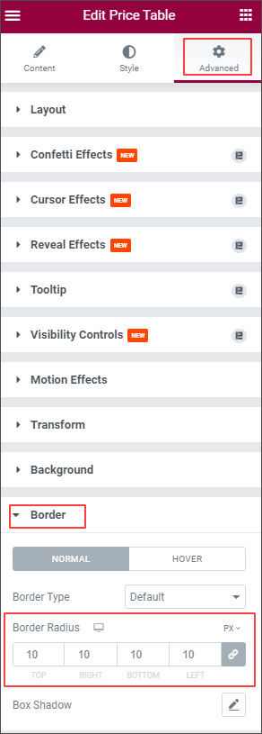 set border radius for Pricing Table - BdThemes
