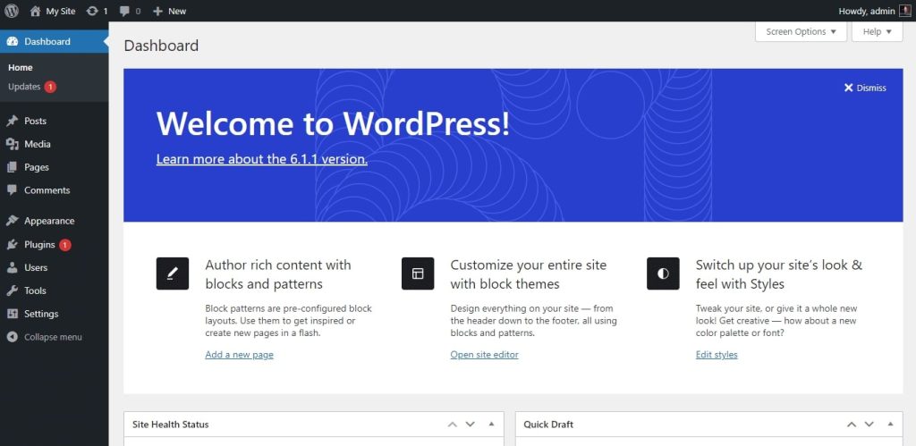 new wordpress admin dashboard