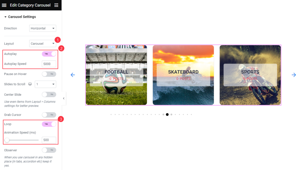 Carousel Settings horizontal - BdThemes