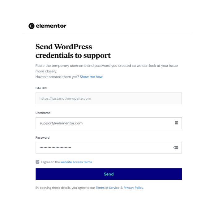 send wordpress credentials to elementor support - BdThemes