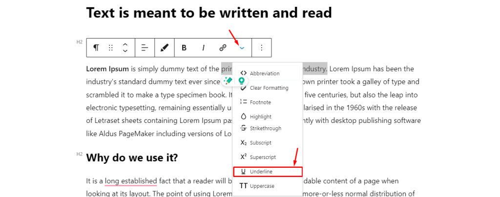 Give underline with gutenburg block editor toolkit plugin
