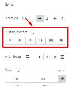 Container Justify Content options