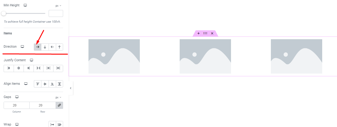 Container content direction arrow for rows