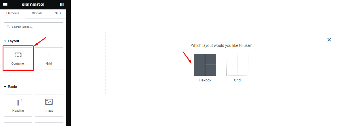 flexbox container widget inside editor