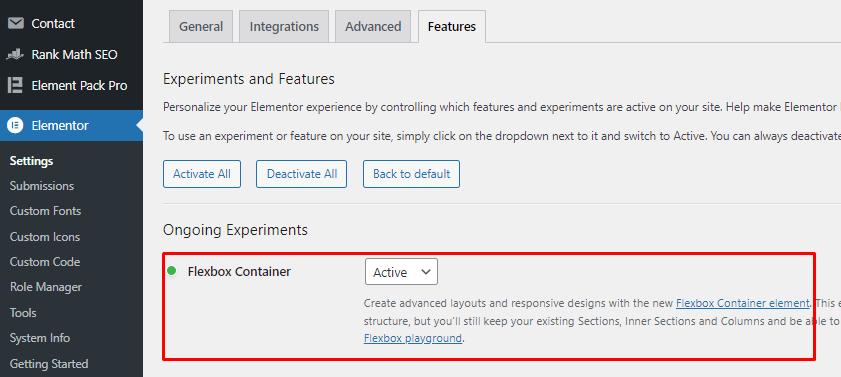 Enable Flexbox Container from Elementor settings