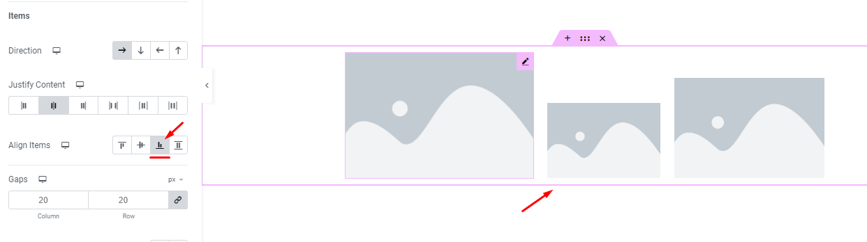 End alignment selected for Align Items control