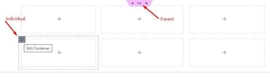Parent and individual containers in a stacked or grid container formation