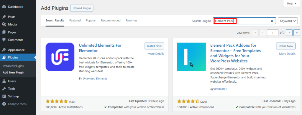 Searching Element Pack Pro Plugin on Plugin Search Bar