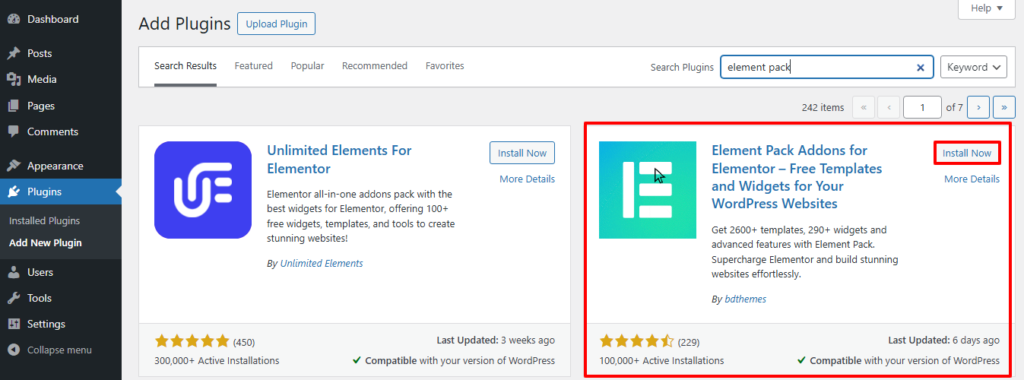 Installing Element Pack - Free Version on WordPress Website