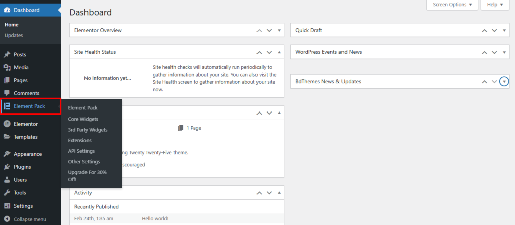 Configure Element Pack Setting