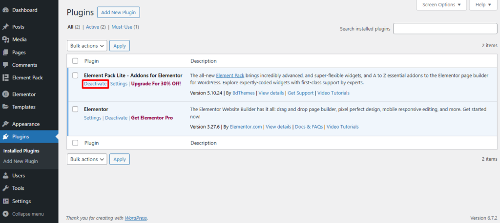 Deactivating a Plugin on a WordPress Website