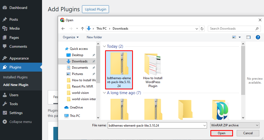 selecting the previously installed zip file of the plugin