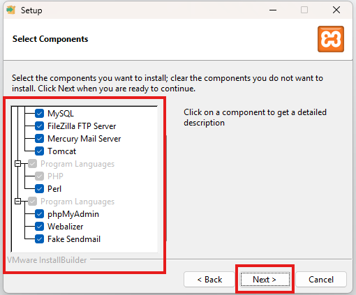 Image: Select Components (install WordPress on localhost)