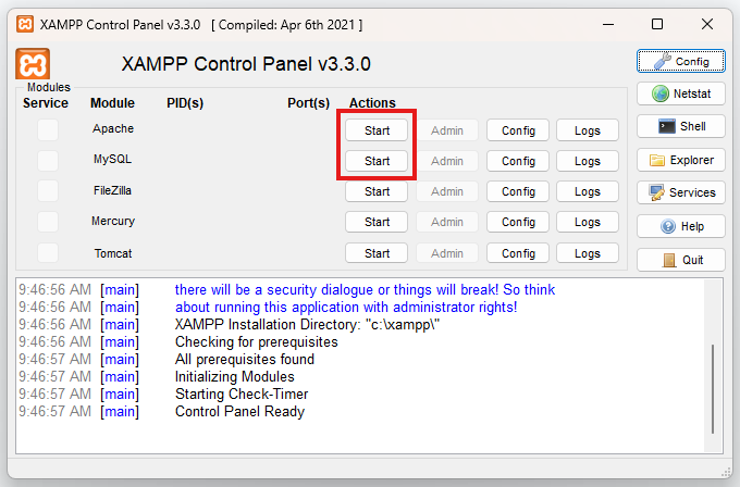 Image: xampp control Panel
