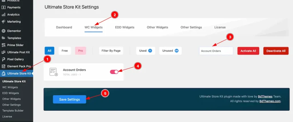 Enable the Account Orders Widget