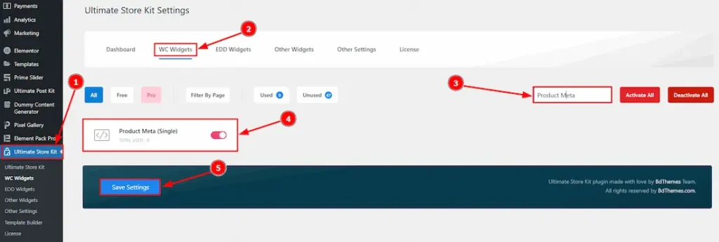 Enable the Product Meta Widget