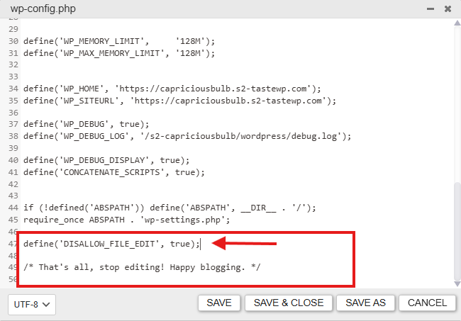 define('DISALLOW_FILE_EDIT', true)