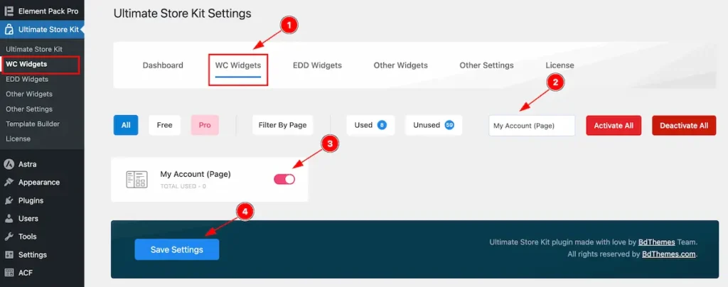 How to use My Account Page widget by Ultimate Store Kit Pro 1 Enable the My Account Page Widget