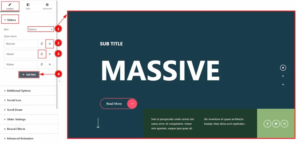 The Content Tab of General Slider Meteor Skin