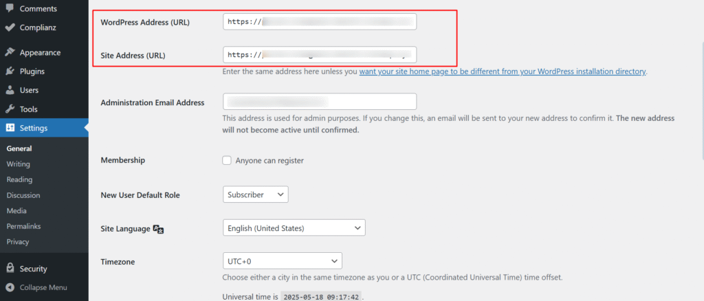 wordpress address and site address