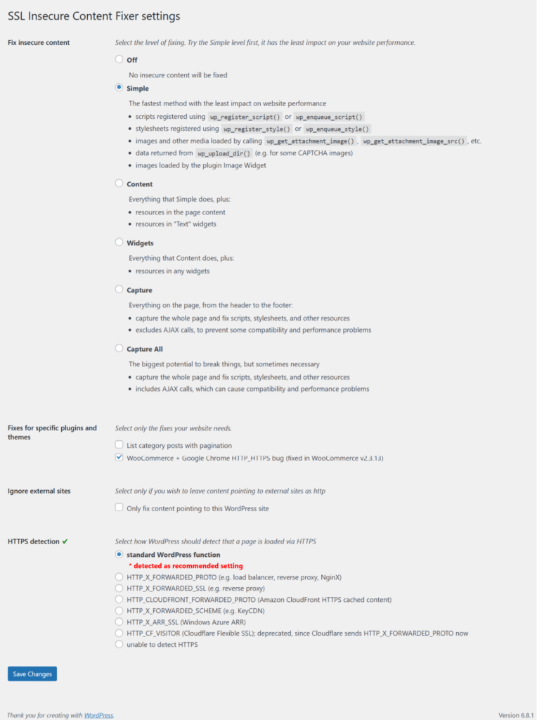 set SSL insecure content fixer settings