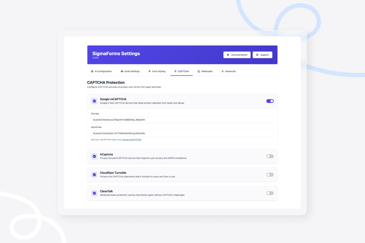 Form security settings panel featuring CAPTCHA protection options including Google reCAPTCHA, hCaptcha, Cloudflare Turnstile, and Checkout with enable/disable toggles