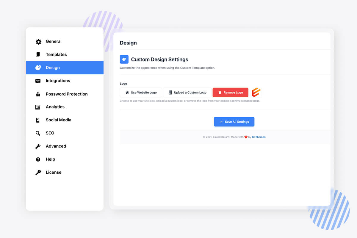 Custom design settings panel with logo upload options and website customization tools interface.