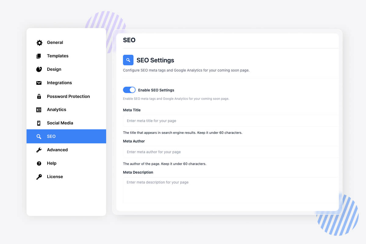 SEO settings interface showing meta tags configuration options including title, author, and description fields.