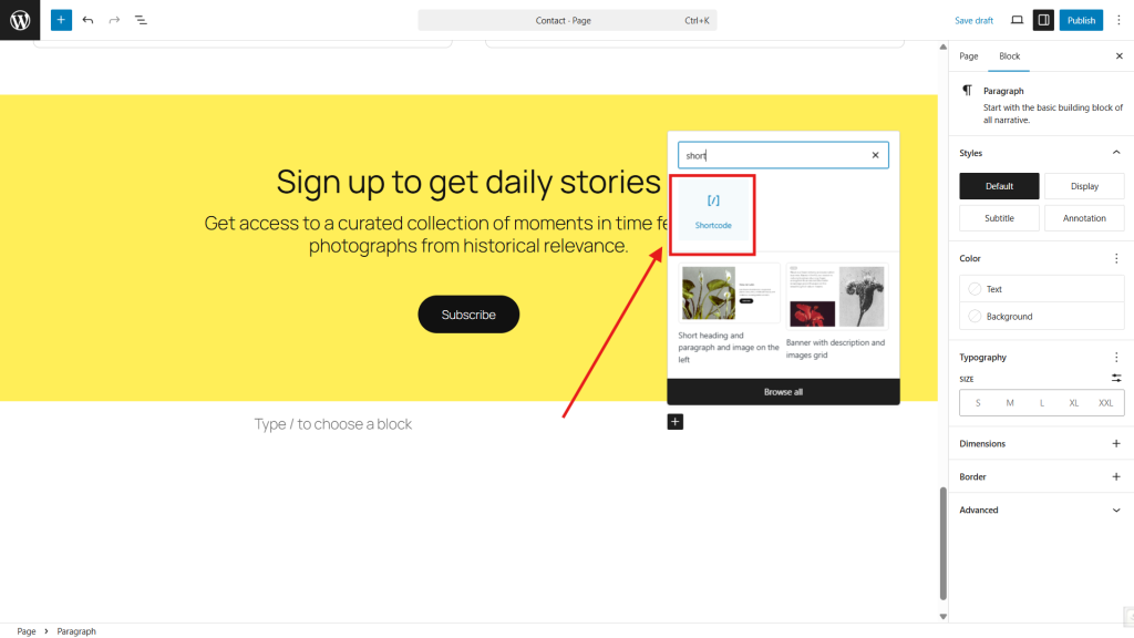 Get a shortcode widget or block on the page