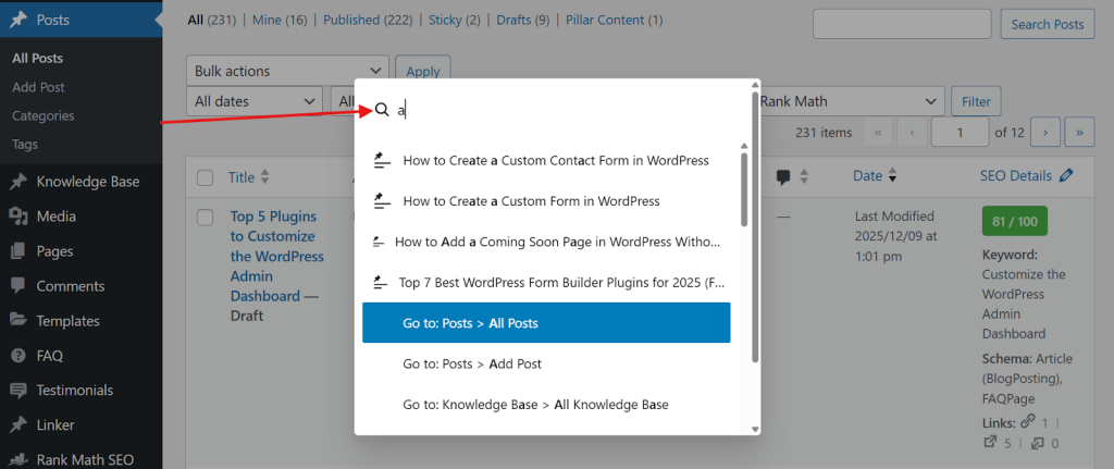 Quick Command Palette Improvement in WordPress 6.9