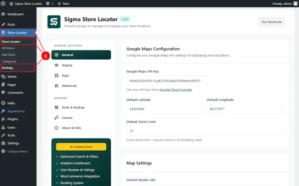 Store Locator / Settings Section