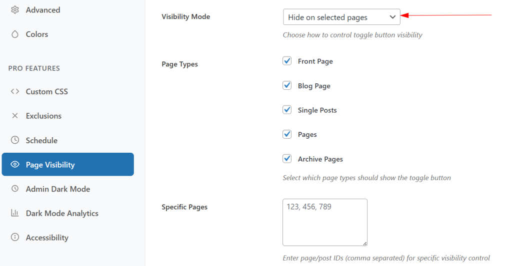 Hide on selected pages