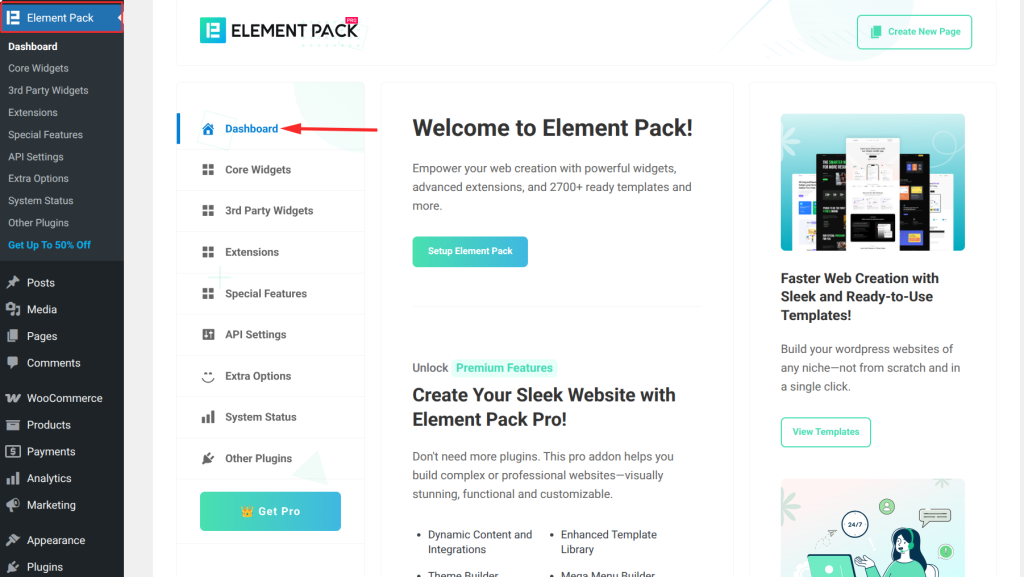 Dashboard interface of Element Pack