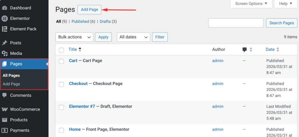 WordPress admin page management interface